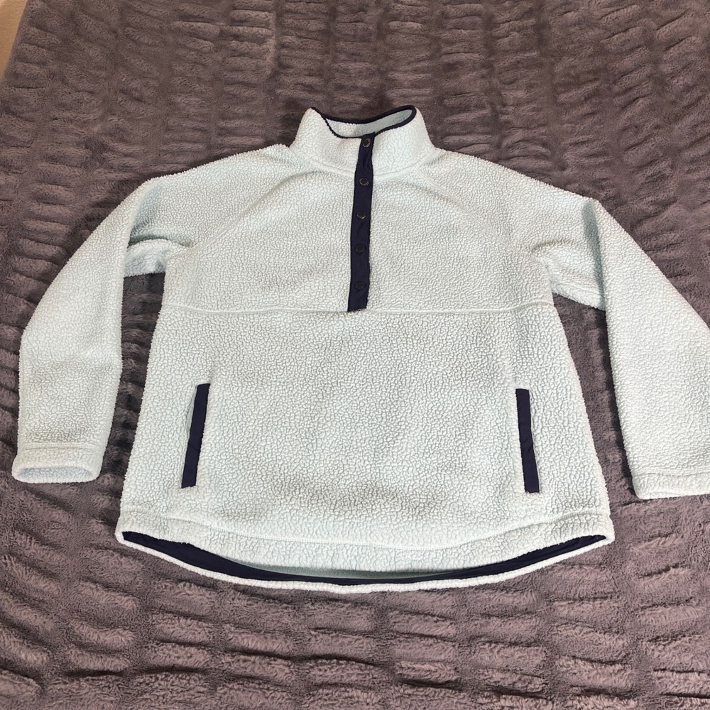 Vineyard Vines Womens Sherpa Fleece Snap Pullover Light Blue Navy Trim AP791